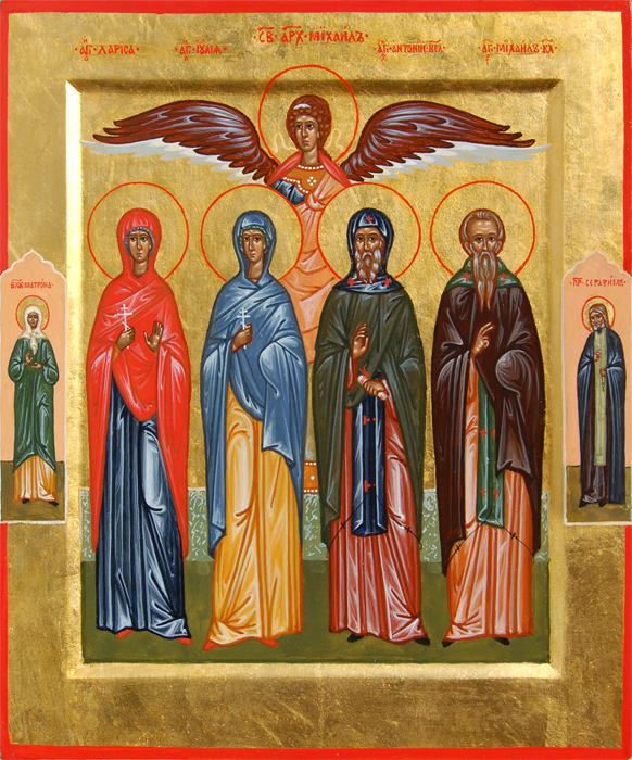 Семейная икона. Мученица Лариса, Мученица Иулия, Архангел Михаил, Преподобный Антоний Великий, Преподобный Михаил Клопский