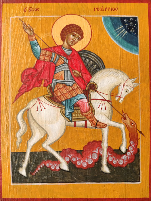 Икона святого Георгия Победоносца на коне, чудо Георгия о змие. Размер иконы 20х15 см. Первая из двух икон в акриловой технике на дубовой доске.